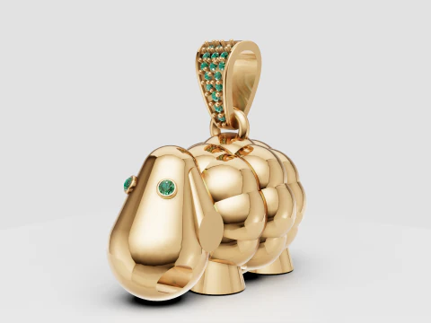 Emerald-Eyed Lucky Elephant Pendant Playful Gold Charm with Gemstone Bail 3D Print Model