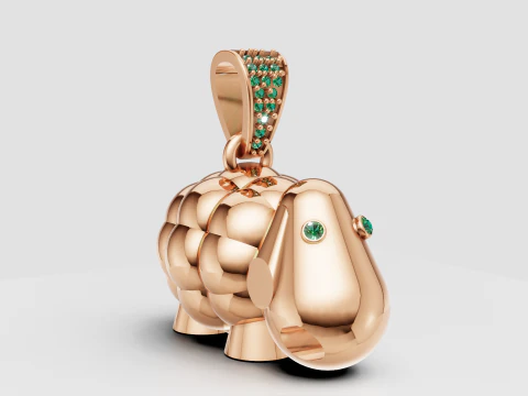 Emerald-Eyed Lucky Elephant Pendant Playful Gold Charm with Gemstone Bail 3D Print Model