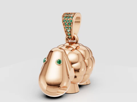 Emerald-Eyed Lucky Elephant Pendant Playful Gold Charm with Gemstone Bail 3D Print Model