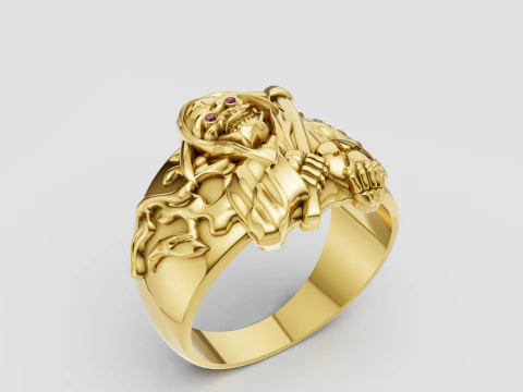 Crimson-Eyed Lion King Ring Royal Gold Power Signet 3D Print Model