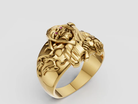 Crimson-Eyed Lion King Ring Royal Gold Power Signet 3D Print Model