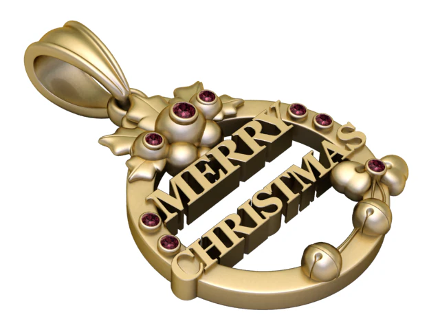 Merry Christmas Gold Pendant with Ruby Stone Accents 3D Printable Holiday Jewelry Design 3D Model .c4d .max .obj .3ds .fbx .stl .blend 