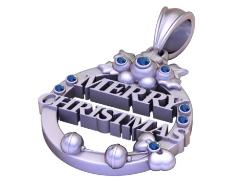 Merry Christmas Gold Pendant with Ruby Stone Accents 3D Printable Holiday Jewelry Design 3D Model
