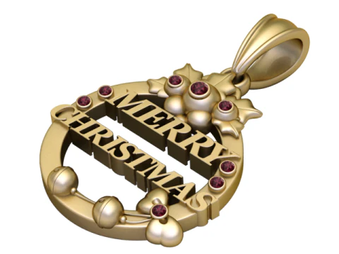 Merry Christmas Gold Pendant with Ruby Stone Accents 3D Printable Holiday Jewelry Design 3D Model