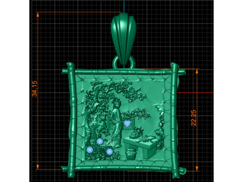 Title Antique Garden Scene Square Pendant Detailed Wire-Frame Jewelry Model 3D Model