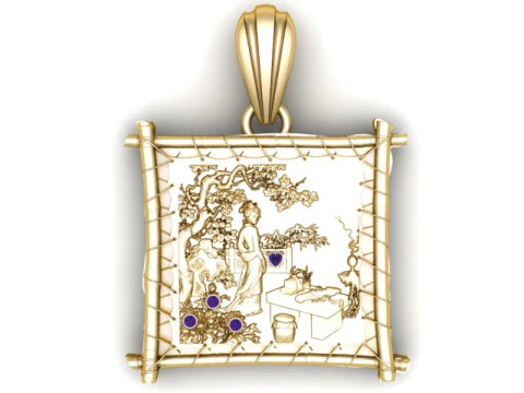 Title Antique Garden Scene Square Pendant Detailed Wire-Frame Jewelry Model 3D Model