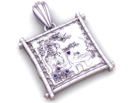Title Antique Garden Scene Square Pendant Detailed Wire-Frame Jewelry Model 3D Model