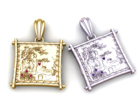 Title Antique Garden Scene Square Pendant Detailed Wire-Frame Jewelry Model 3D Model