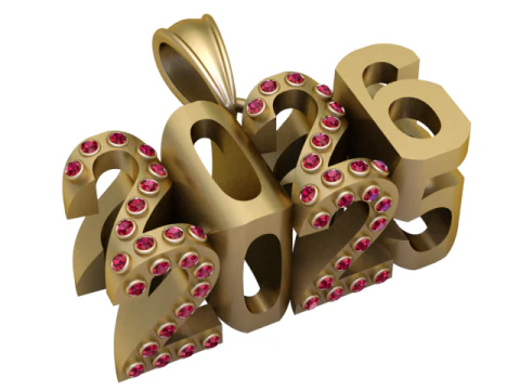 Colgante del a&ntilde;o con piedras preciosas 2026 Joyas num&eacute;ricas imprimibles en 3D de lujo Modelo 3D