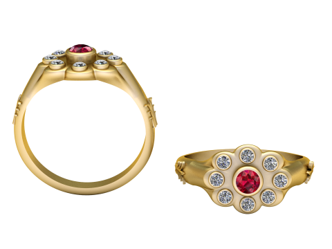 Luxuri&ouml;ser floraler Rubin-Diamant-Halo-Ring 3D Druckmodell