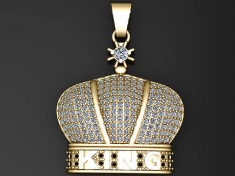 Pingente de coroa imprim&iacute;vel em 3D com gravura KING em ouro e diamantes Modelo de Impressão 3D