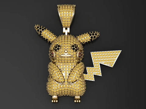 ダイヤモンドのアクセントが付いたゴールドの 3D 印刷可能なピカチュウ ペンダント 3Dプリントモデル