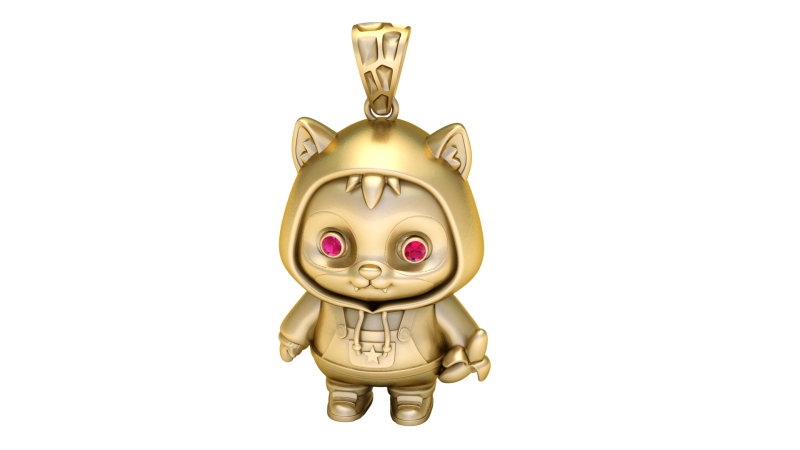 Cute Hoodie Cat Character Pendant 3D Printable Jewelry Model with Gem Eyes 3D Model .c4d .max .obj .3ds .fbx .stl .blend