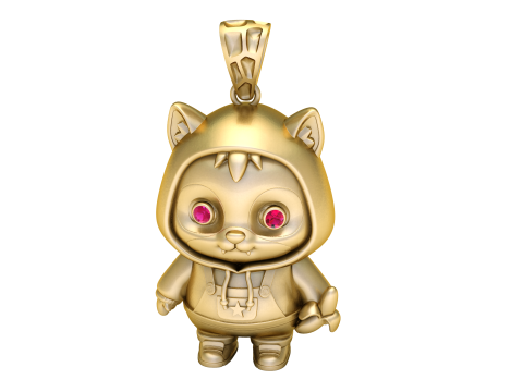 Pendentif de personnage de chat &agrave; capuche mignon, mod&egrave;le de bijoux imprimable en 3D avec des yeux de pierres pr&eacute;cieuses Modèle 3D