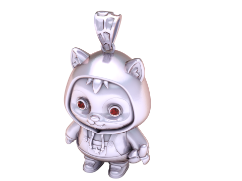 Cute Hoodie Cat Character Pendant 3D Printable Jewelry Model with Gem Eyes 3D Model