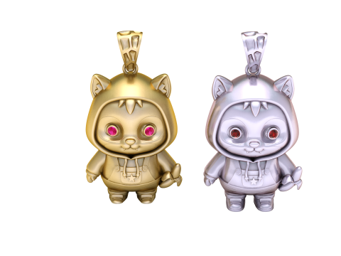 Cute Hoodie Cat Character Pendant 3D Printable Jewelry Model with Gem Eyes 3D Model