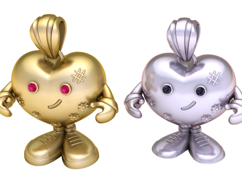Cute Heart Character Pendant 3D Printable Cartoon Jewelry Model with Gem Eyes 3D Model