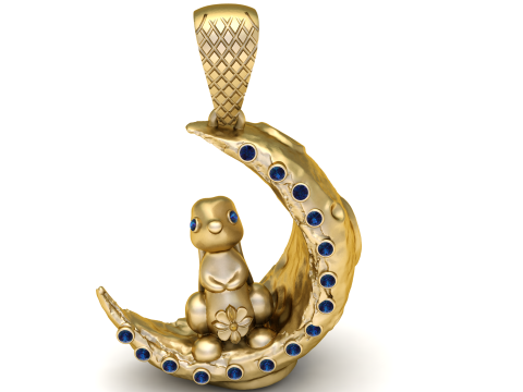 Schattige maan Bunny hanger 3D afdrukbaar fantasie-sieradenmodel met edelsteenaccenten 3D Model