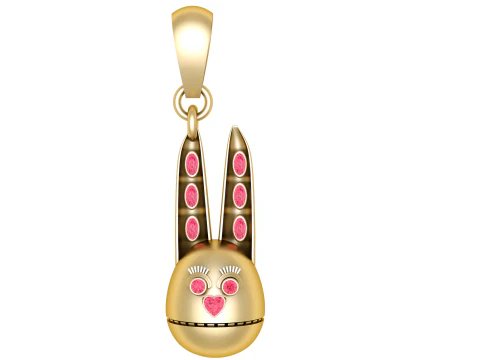 Pendentif lapin mignon avec pierres pr&eacute;cieuses roses, mod&egrave;le de bijoux imprimable en 3D, Animal de dessin anim&eacute; en or Cha Modèle 3D