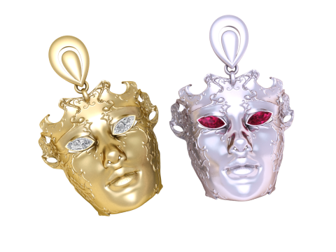 Luxury Venetian Mask Pendant with Ruby Eyes Baroque Gold Face Necklace 3D Printable Jewelry Mode 3D Model