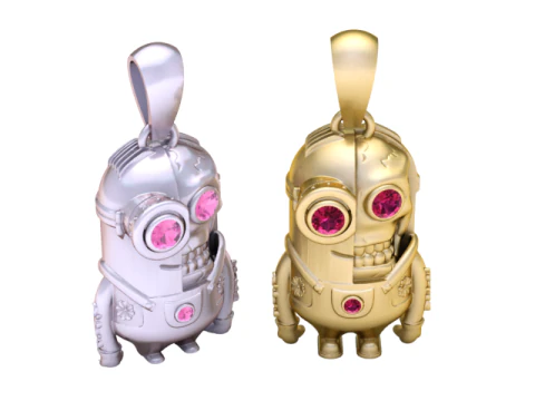 Half Robot Half Skull Pendant with Purple Gem Eyes Futuristic Cyborg Charm 3D Printable Jewelry 3D Model