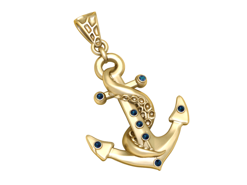 Luxury Nautical Anchor Pendant with Tentacle Detail Gold Marine Charm with Blue Gemstones 3D Pri 3D Model .c4d .max .obj .3ds .fbx .stl .blend