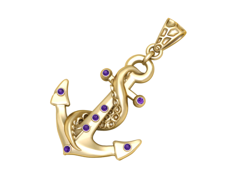 Luxury Nautical Anchor Pendant with Tentacle Detail Gold Marine Charm with Blue Gemstones 3D Pri 3D Model
