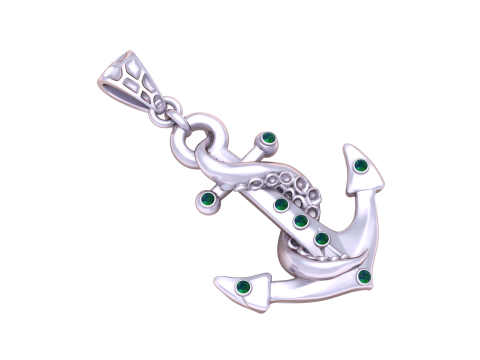 Luxury Nautical Anchor Pendant with Tentacle Detail Gold Marine Charm with Blue Gemstones 3D Pri 3D Model