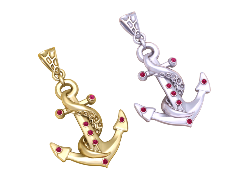 Luxury Nautical Anchor Pendant with Tentacle Detail Gold Marine Charm with Blue Gemstones 3D Pri 3D Model