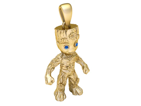 Кулон із зображенням дитячого персонажа &laquo;Золоте дерево&raquo; з блакитними камінними очима в режимі 3D-друку. Персонаж із золотим деревом. 3D Модель