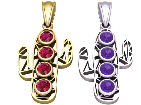 Geometric Cactus Pendant with Ruby Accents 3D Print Model