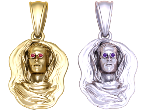 Gold Pendant with Artistic Face and Ruby Accents 3D Print Model
