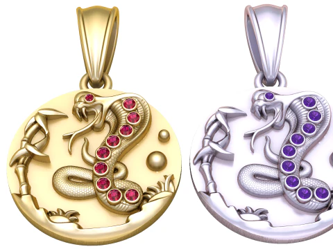 Snake and Bamboo Pendant with Ruby Accents 3D Print Model
