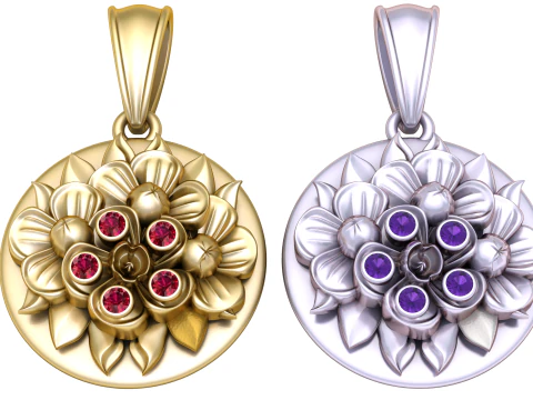 Floral Pendant with Ruby Accents 3D Print Model
