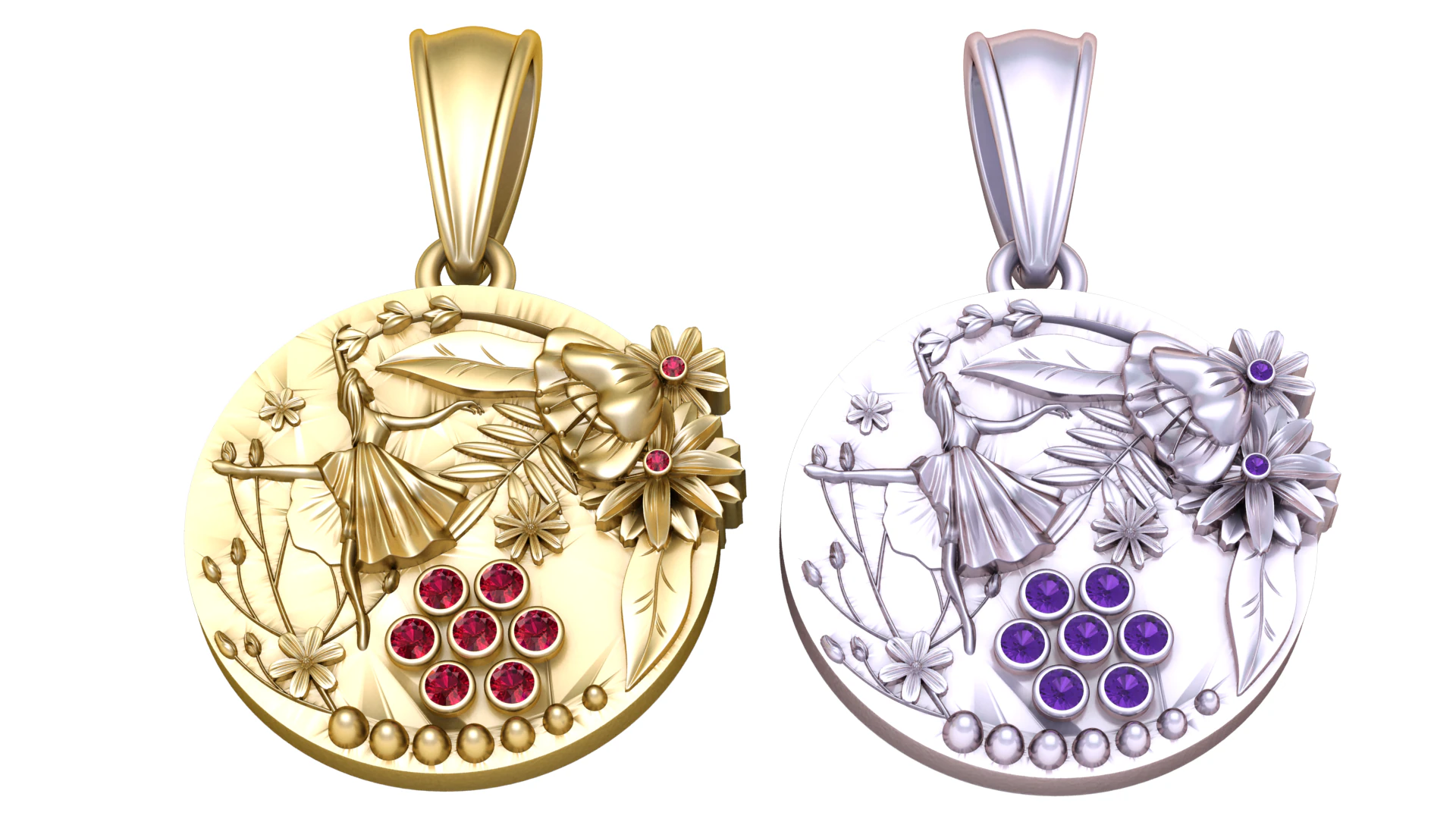 Ballet Dancer Pendant with Ruby Flower Accents 3D Print Model .c4d .max .obj .3ds .fbx .stl .blend 