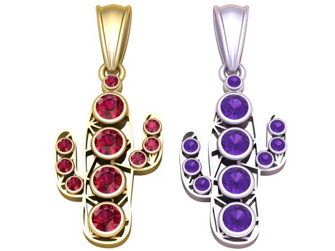 Geometric Cactus Pendant with Ruby Accents 3D Print Model