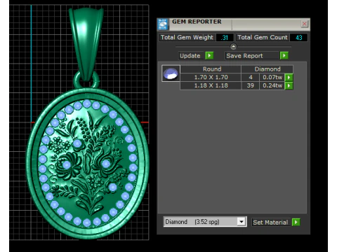 Floral Oval Pendant with Ruby Accents 3D Print Model