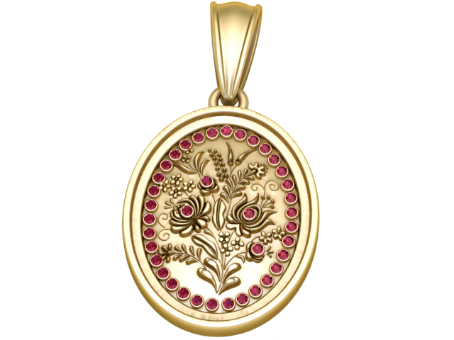 Floral Oval Pendant with Ruby Accents 3D Print Model .c4d .max .obj .3ds .fbx .stl .blend