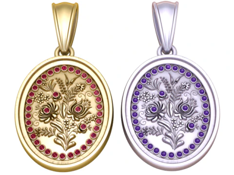 Floral Oval Pendant with Ruby Accents 3D Print Model