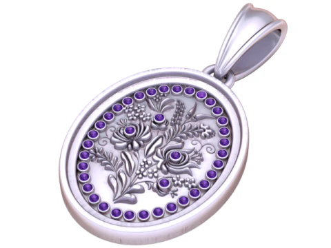 Floral Oval Pendant with Ruby Accents 3D Print Model