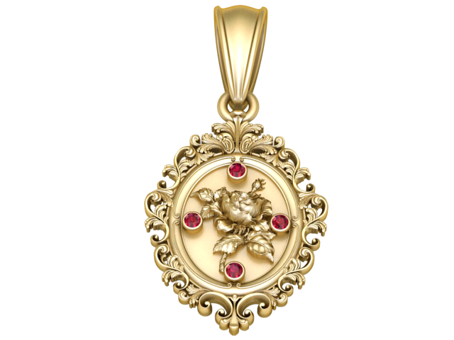 Rose Pendant with Ruby Accents in Ornate Frame 3D Print Model .c4d .max .obj .3ds .fbx .stl .blend