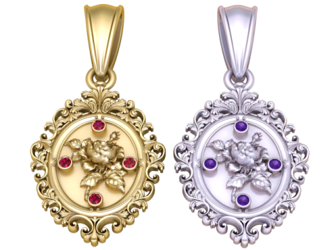 Rose Pendant with Ruby Accents in Ornate Frame 3D Print Model