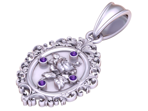 Rose Pendant with Ruby Accents in Ornate Frame 3D Print Model