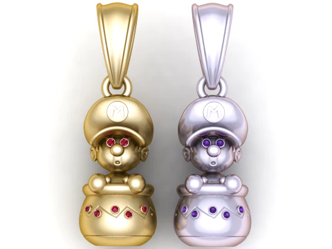 Mario Inspired Pendant with Ruby Gemstone Details 3D Print Model