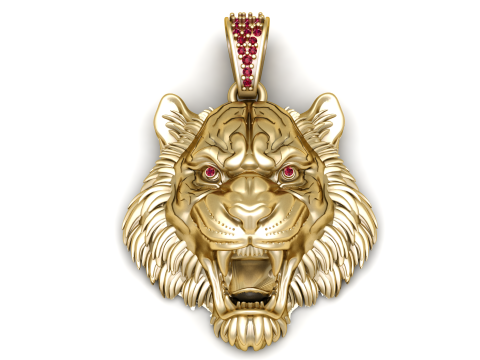 Brullende leeuwenkop gouden hanger met robijnrode ogen luxe statement sieraden 3D printmodel