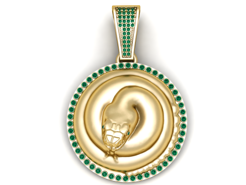 Ciondolo medaglione in oro serpente arrotolato con ciondolo a forma di serpente di lusso con alone di smeraldo Modello di stampa 3D