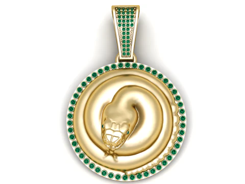 Liontin Medali Emas Ular Melingkar dengan Pesona Ular Mewah Emerald Halo Model Cetak 3D