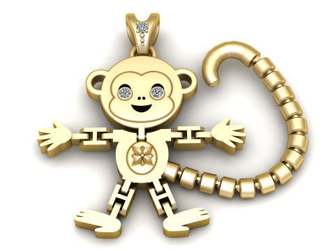Colgante de mono de oro Te con ojos de diamantes Dije de animal de lujo juguetón Modelo de impresión 3D