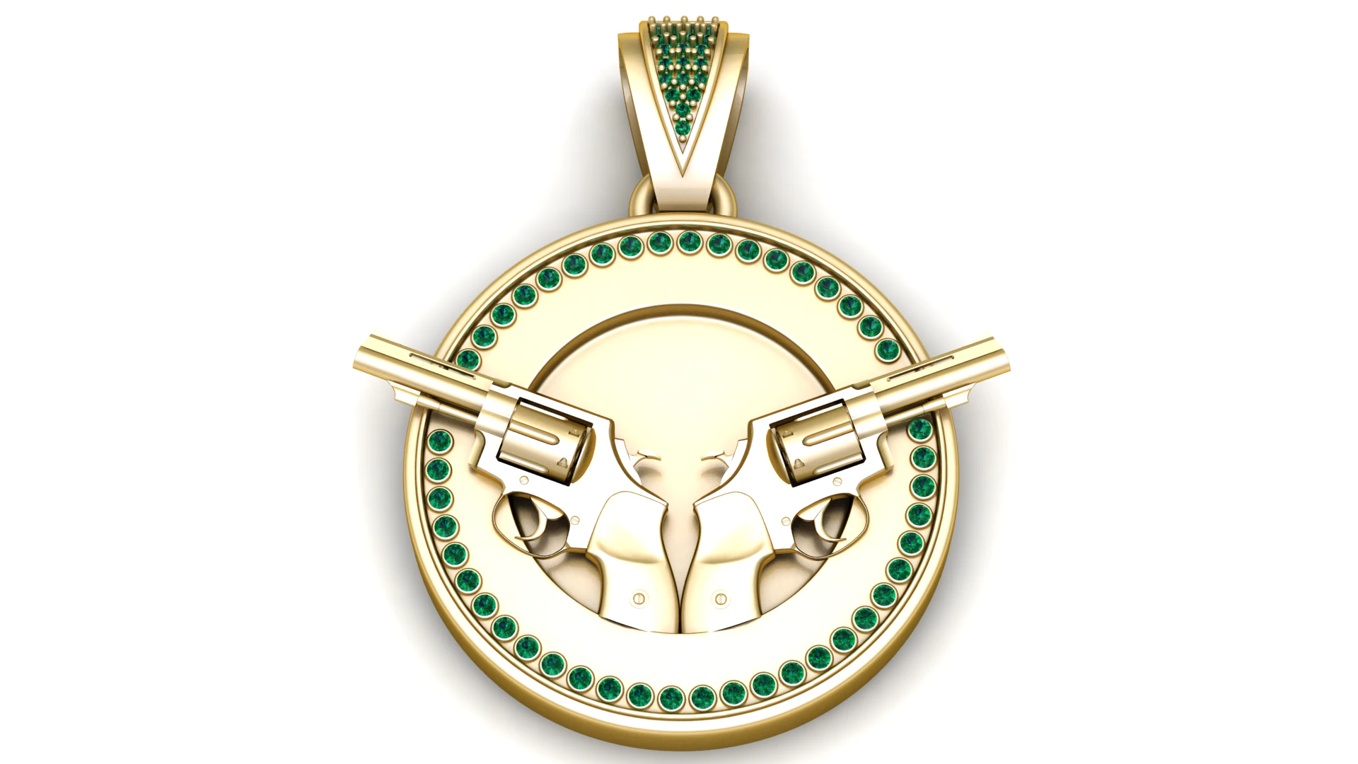 The Gilded Gunslinger Dual Revolver Emerald Medallion 3D Print Model .c4d .max .obj .3ds .fbx .stl .blend 