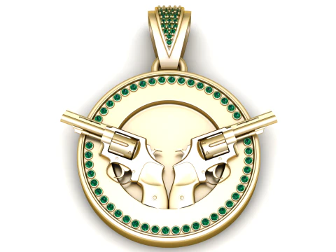 Medali Zamrud Revolver Ganda Gunslinger Berlapis Emas Model Cetak 3D